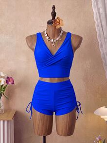 Swim Basics Women Summer Beach Solid Cross Back Bikini Top And Drawstring Swim Shorts Bikini Set For Vacation - Royal Blue - View 5