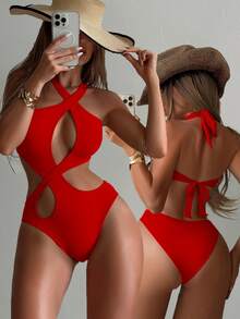 SHEIN Swim 女士纯色性感镂空连体泳衣，适合海滩度假、生日、情人节、挂脖式泳衣、红色泳衣、圣诞节连体泳衣、性感镂空连体泳衣、情人节搜索沙滩装连体泳衣、女士红色泳衣、红色镂空泳衣、性感连体泳衣、假日 - 紅色 - 查看 3