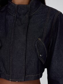 MUSERA High Funnel Neck Contrast Seam Detail Cropped Boxy Fit Denim Coord Jacket Fall Autumn Winter Coolgirl Back To School Blancs - Navy Blue - View 6