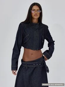 MUSERA High Funnel Neck Contrast Seam Detail Cropped Boxy Fit Denim Coord Jacket Fall Autumn Winter Coolgirl Back To School Blancs - Navy Blue - View 1