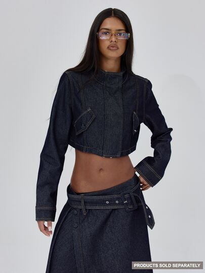 MUSERA High Funnel Neck Contrast Seam Detail Cropped Boxy Fit Denim Coord Jacket Fall Autumn Winter Coolgirl Back To School Blancs