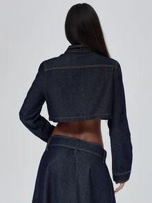 MUSERA High Funnel Neck Contrast Seam Detail Cropped Boxy Fit Denim Coord Jacket Fall Autumn Winter Coolgirl Back To School Blancs - Navy Blue - View 5