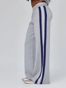 MUSERA Celana Panjang Rajut Longgar dengan Pinggang Kontras Bergaris di Sisi, Potongan Santai, Cocok untuk Musim Gugur dan Musim Dingin, Gaya Coolgirl, Kembali ke Sekolah, Warna Putih - Grey - View 3