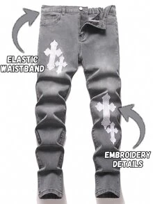 SHEIN Teen Boy Y2k Fashion Cross-Stitch Pattern Grey Stretch Tight Jeans For Black To School - Light Grey - View 4