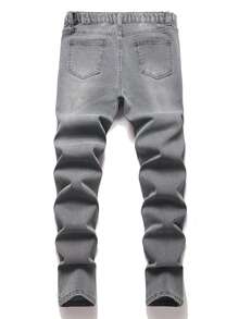SHEIN Teen Boy Y2k Fashion Cross-Stitch Pattern Grey Stretch Tight Jeans For Black To School - Light Grey - View 2