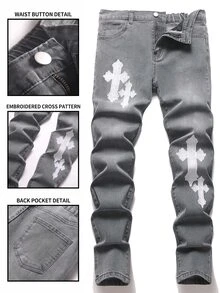 SHEIN Teen Boy Y2k Fashion Cross-Stitch Pattern Grey Stretch Tight Jeans For Black To School - Light Grey - View 1