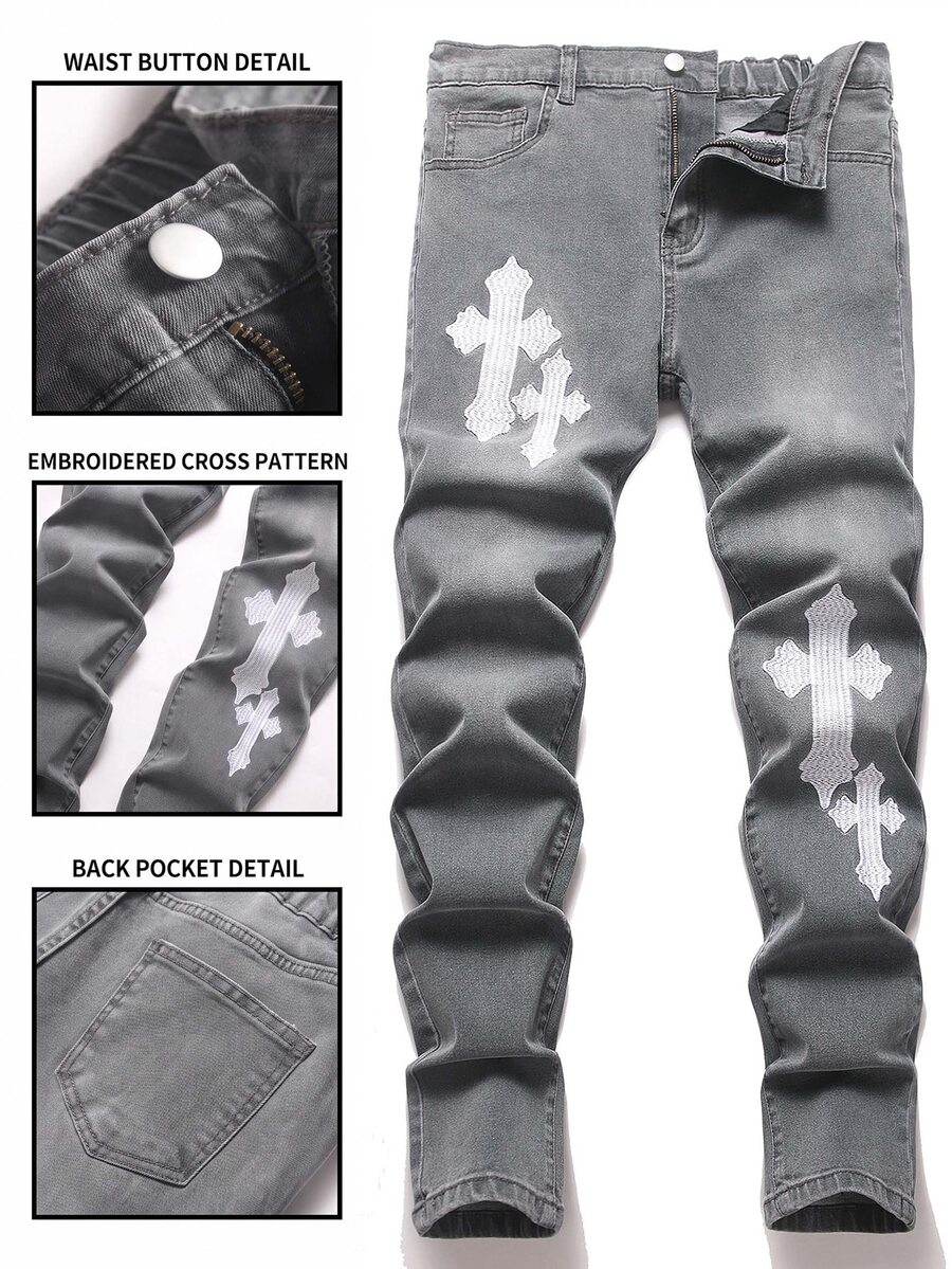 SHEIN Teen Boy Y2k Fashion Cross-Stitch Pattern Grey Stretch Tight Jeans For Black To School - Light Grey - View 1