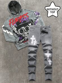 SHEIN Teen Boy Y2k Fashion Cross-Stitch Pattern Grey Stretch Tight Jeans For Black To School - Light Grey - View 5
