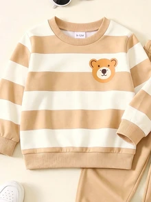 SHEIN 1 Random Set:Baby Boy Fall Clothes, Cute Striped Cartoon Bear Print Long Sleeve Sweatshirt & Jogger Pants Outfits, Casual Crew Neck Sweatsuit Set - Multicolor - View 6