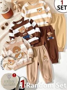 SHEIN 1 Random Set:Baby Boy Fall Clothes, Cute Striped Cartoon Bear Print Long Sleeve Sweatshirt & Jogger Pants Outfits, Casual Crew Neck Sweatsuit Set - Multicolor - View 1