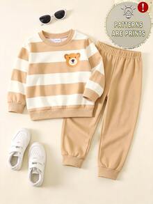 SHEIN 1 Random Set:Baby Boy Fall Clothes, Cute Striped Cartoon Bear Print Long Sleeve Sweatshirt & Jogger Pants Outfits, Casual Crew Neck Sweatsuit Set - Multicolor - View 5