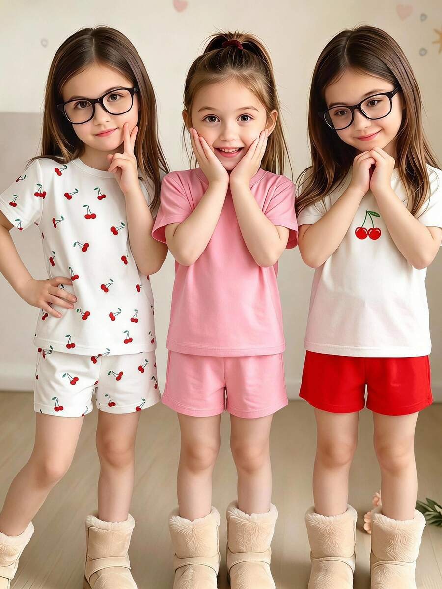 Genkimix Kids 6件/3套小女孩T恤短褲套裝,櫻桃印花服飾套裝,適合7歲生日,白色紫色紅色夏季嬰兒 - 彩色 - 查看 1