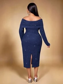 KIORVELLA Plus Size Women's Elegant Open Shoulder Ruched Fitted Long Sleeve Dress, Slimming And Sexy, Suitable For Party, Evening Dinner, Date Outfits Fall - Navy Blue - View 5