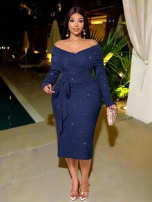 KIORVELLA Plus Size Women's Elegant Open Shoulder Ruched Fitted Long Sleeve Dress, Slimming And Sexy, Suitable For Party, Evening Dinner, Date Outfits Fall - Navy Blue - View 1