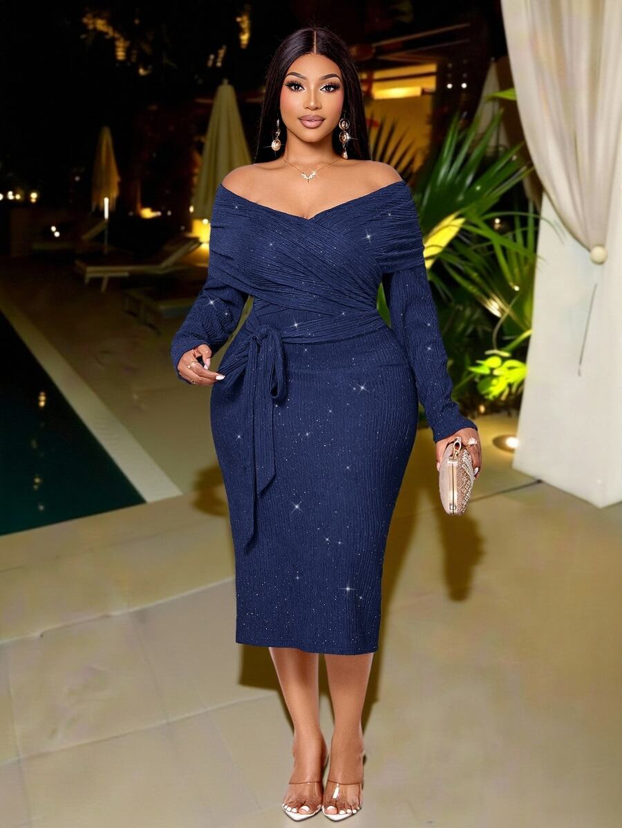 KIORVELLA Plus Size Women's Elegant Open Shoulder Ruched Fitted Long Sleeve Dress, Slimming And Sexy, Suitable For Party, Evening Dinner, Date Outfits Fall - Navy Blue - View 1
