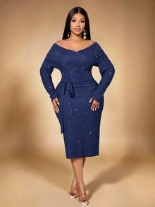 KIORVELLA Plus Size Women's Elegant Open Shoulder Ruched Fitted Long Sleeve Dress, Slimming And Sexy, Suitable For Party, Evening Dinner, Date Outfits Fall - Navy Blue - View 4