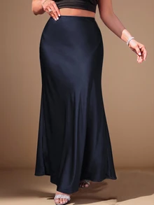 SHEIN Clasi 女款大尺碼長版純色優雅緞面裙 - 藏蓝色 - 查看 3