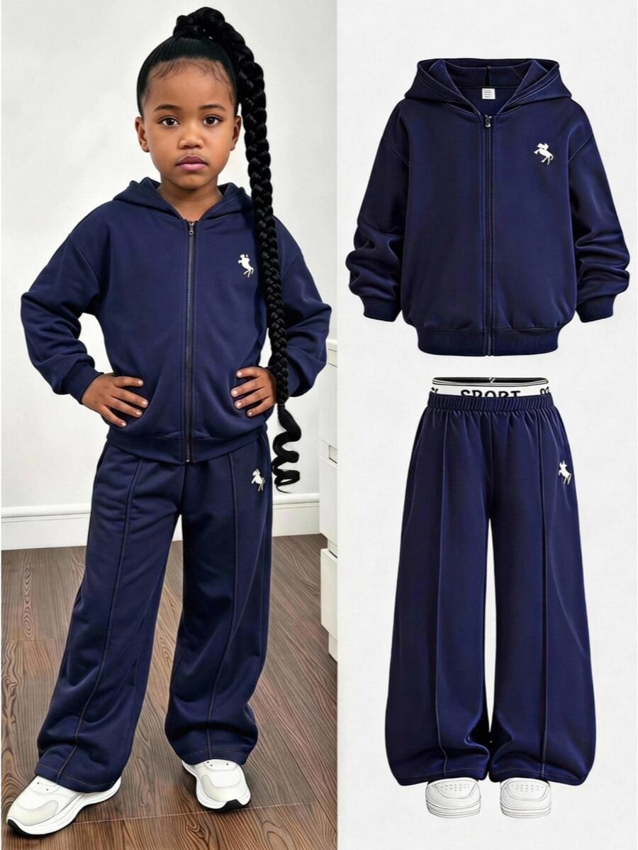 Young Girl 2件套舒適時尚休閒百搭寬鬆圓領衛衣套裝,長袖上衣,秋季,秋季穿搭,套頭 - 藍色 - 查看 1