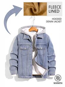 SHEIN Teen Boy Y2k Simple And Comfortable Fleece-Lined Denim Jackets And Coats For Black To School - Blue - View 3