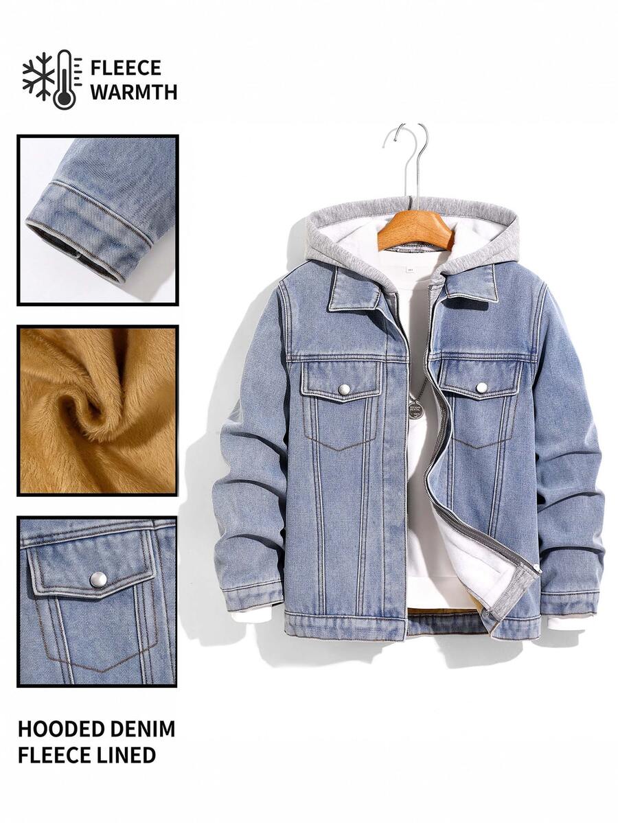 SHEIN Teen Boy Y2k Simple And Comfortable Fleece-Lined Denim Jackets And Coats For Black To School - Blue - View 1