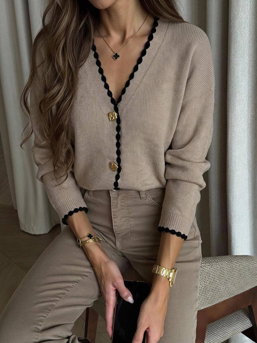 Aloruh New Minimalist Fashion Commute Deep V-Neck Long Sleeve Slim Fit Shell Embroidery Colorblock Button Cardigan, Versatile Casual Knit Sweater For Autumn/Winter - Apricot - View 1