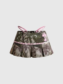 ROMWE Y2K Vintage Hot Girl Casual Streetwear Pink Contrast Color Cross Patchwork Camouflage Skirt - Green - View 1