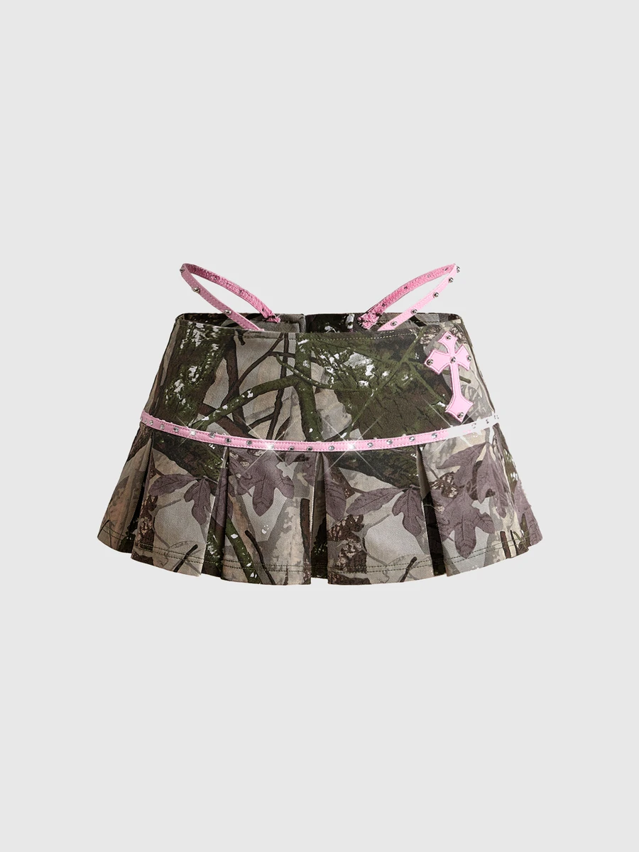 ROMWE Y2K Vintage Hot Girl Casual Streetwear Pink Contrast Color Cross Patchwork Camouflage Skirt - Green - View 1