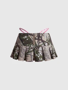 ROMWE Y2K Vintage Hot Girl Casual Streetwear Pink Contrast Color Cross Patchwork Camouflage Skirt - Green - View 3