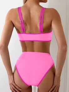 SHEIN Swim Women Sexy Halter Lace Up Two Pieces Bikini Set With Color Block Design And Cutouts For Beach Vacation,Summer Beach - Multicolor - View 2