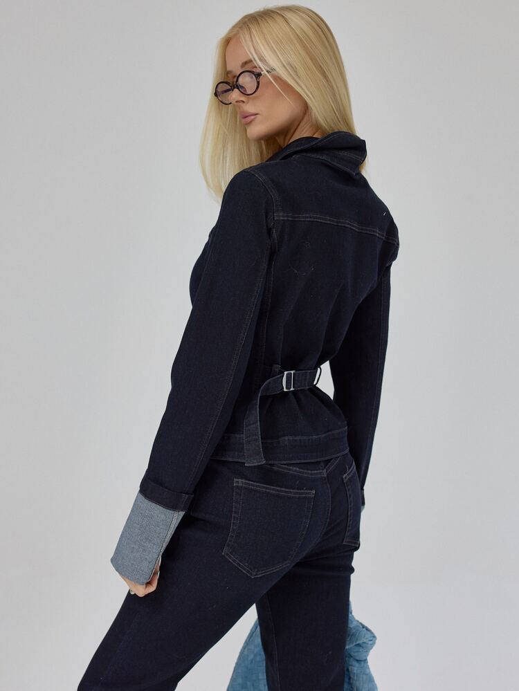 MUSERA Blue Denim Fitted Cuffed Jacket Autumn Winter Fall Daily Everyday Essential Blancs - Blue - View 5