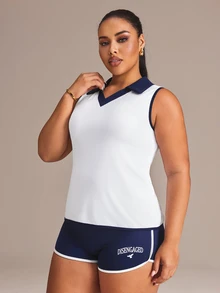 Rhythm Era Tank Top Olahraga Kebugaran Harian Wanita Ukuran Plus dengan Kerah Blok Warna - Putih - View 4