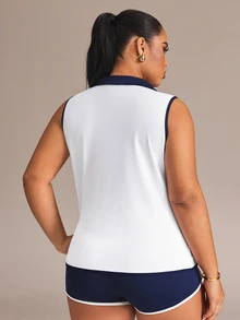 Rhythm Era Tank Top Olahraga Kebugaran Harian Wanita Ukuran Plus dengan Kerah Blok Warna - Putih - View 3