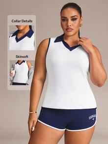 Rhythm Era Tank Top Olahraga Kebugaran Harian Wanita Ukuran Plus dengan Kerah Blok Warna - Putih - View 1