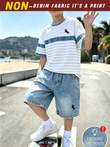SHEIN Teen Boys Short Sleeve Crew Neck T-Shirt + Pocket Shorts 2 Pieces Set - Multicolor - View 1