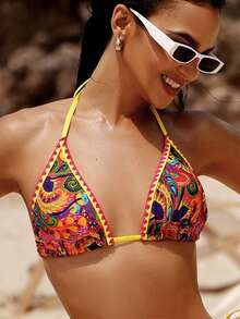 Swim Vcay Women Summer Beach Plant Print Backless Halter Neck Bikini Set - Multicolor - View 5
