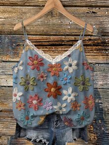 SHEIN VCAY 印花設計大尺碼休閒碎花細肩帶上衣，適合夏季 - 彩色 - 查看 1