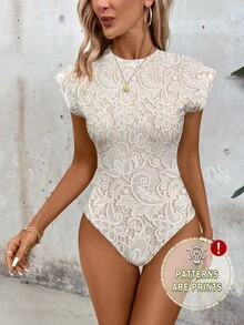 SHEIN LUNE [Printed Design] Printed Design Women's Casual Elegant Floral Lace Print Bodysuit, Suitable For Spring And Summer Wedding Day Cocktail Party - Multicolor - View 8