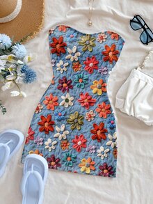 Soleia [Printed Design] Women's Summer Vacation Casual Bandeau Mini Dress Carnival, Floral Dress - Multicolor - View 4