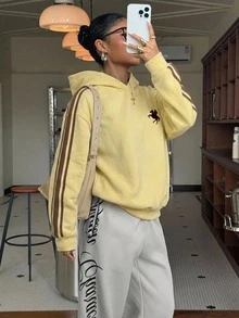 Muchica [Desain Cetak] Sweatshirt Hoodie Gaya Jalanan Kasual dengan Dasar Kuning dan Gambar Kuda Poni Hitam, Cocok untuk Musim Gugur/Dingin, Sweatshirt Tipis dengan Cetakan - MultiWarna - View 5