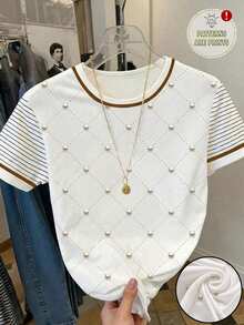SHEIN Essnce Printed Design Simulated Print Minimalist Round Neck Fitted Short Sleeve T-Shirt, Printed Pearl Suitable For Spring/Summer - Multicolor - View 1