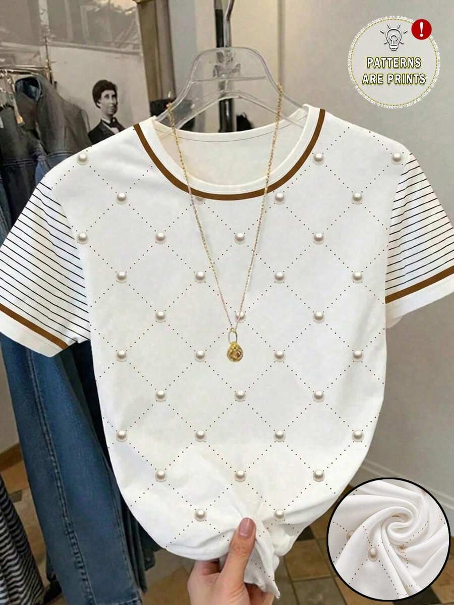 SHEIN Essnce Printed Design Simulated Print Minimalist Round Neck Fitted Short Sleeve T-Shirt, Printed Pearl Suitable For Spring/Summer - Multicolor - View 1