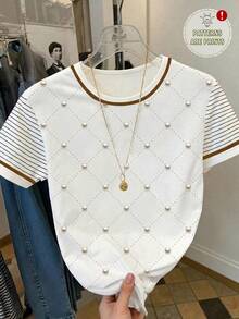 SHEIN Essnce Printed Design Simulated Print Minimalist Round Neck Fitted Short Sleeve T-Shirt, Printed Pearl Suitable For Spring/Summer - Multicolor - View 7