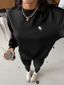 SHEIN EZwear 印花設計 2件/套 馬匹印花圖案黑色休閒寬鬆圓領衛衣與緊身內搭褲，適合秋冬/冬季 - 黑色 - 查看 7