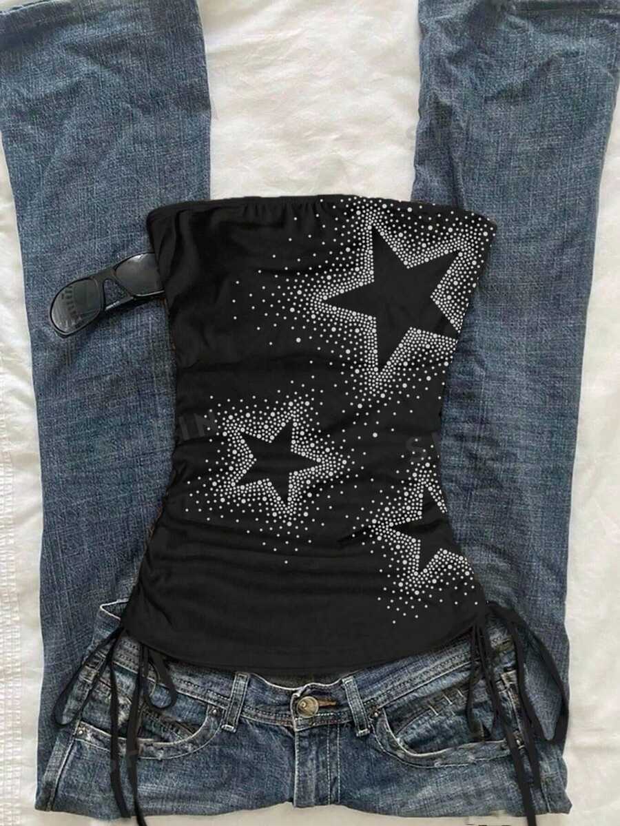 SHEIN EZwear 女款印花設計休閒性感派對夜店五角星亮片亮粉抽繩前綁短版上衣,黑色與銀色,夏季款 - 彩色 - 查看 1