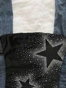 SHEIN EZwear 女款印花設計休閒性感派對夜店五角星亮片亮粉抽繩前綁短版上衣，黑色與銀色，夏季款 - 彩色 - 查看 5