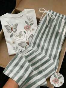 SHEIN Essnce 2pcs/Set Kaos Lengan Pendek Kasual Minimalis dengan Bordir Mutiara Imitasi dan Celana Pendek Garis-garis Abu-abu, Kaos Leher Bulat dan Celana Panjang Motif Garis-garis, Cocok untuk Musim Semi dan Musim Panas - MultiWarna - View 6