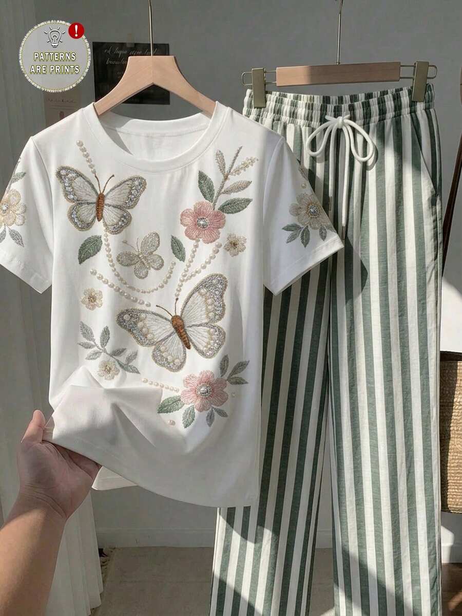 SHEIN Essnce 2pcs/Set Kaos Lengan Pendek Kasual Minimalis dengan Bordir Mutiara Imitasi dan Celana Pendek Garis-garis Abu-abu, Kaos Leher Bulat dan Celana Panjang Motif Garis-garis, Cocok untuk Musim Semi dan Musim Panas - MultiWarna - View 1