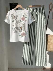 SHEIN Essnce 2pcs/Set Kaos Lengan Pendek Kasual Minimalis dengan Bordir Mutiara Imitasi dan Celana Pendek Garis-garis Abu-abu, Kaos Leher Bulat dan Celana Panjang Motif Garis-garis, Cocok untuk Musim Semi dan Musim Panas - MultiWarna - View 4