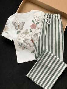 SHEIN Essnce 2pcs/Set Kaos Lengan Pendek Kasual Minimalis dengan Bordir Mutiara Imitasi dan Celana Pendek Garis-garis Abu-abu, Kaos Leher Bulat dan Celana Panjang Motif Garis-garis, Cocok untuk Musim Semi dan Musim Panas - MultiWarna - View 5