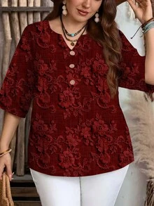 EMERY ROSE 印花設計大尺碼女款休閒花卉印花V領襯衫，適合春夏 - 紅色 - 查看 3